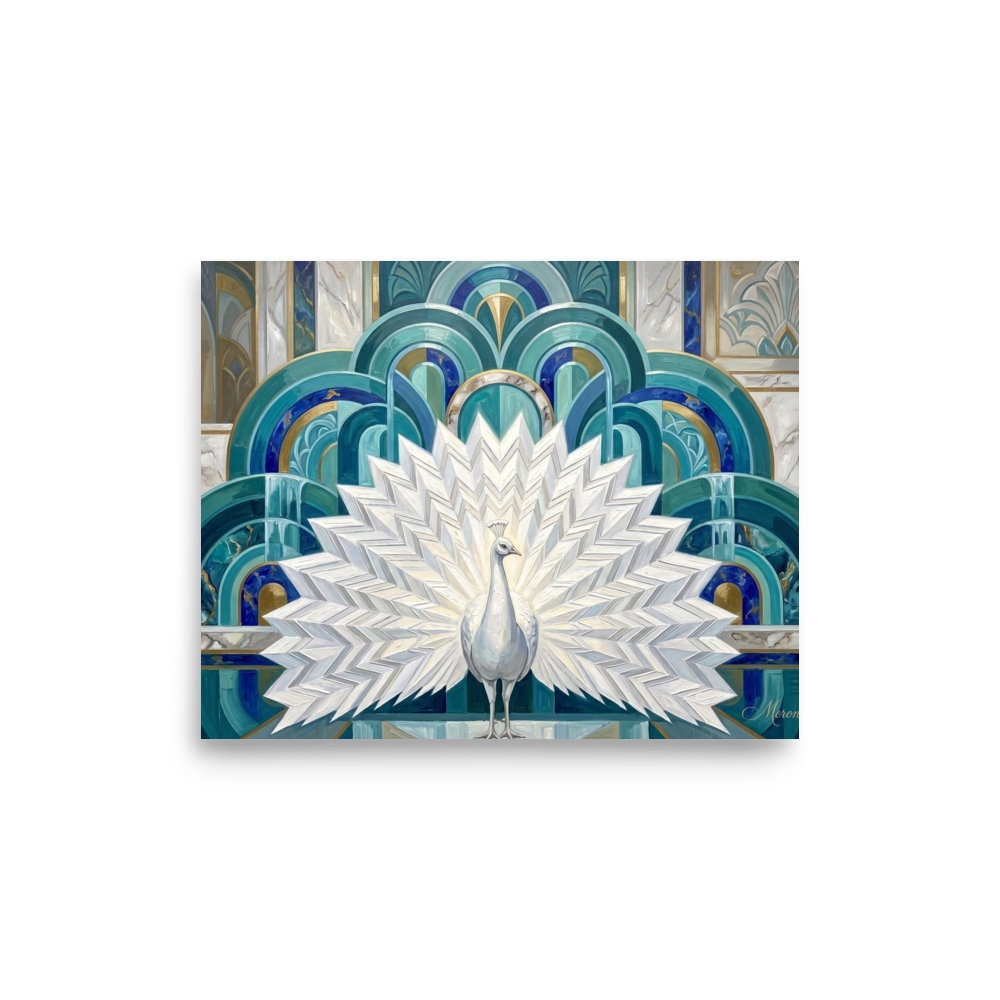 'The Gilded Peacock' — a Art Deco print. A majestic white peacock displayed against a geometric Art Deco background of teal and gold, perfect for a dining room setting.