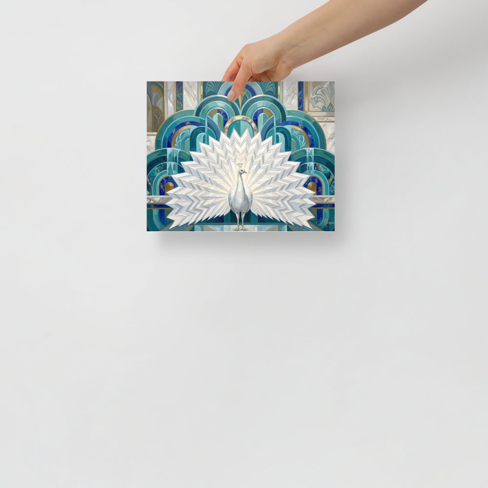 'The Gilded Peacock' — a Art Deco print. A majestic white peacock displayed against a geometric Art Deco background of teal and gold, perfect for a dining room setting.
