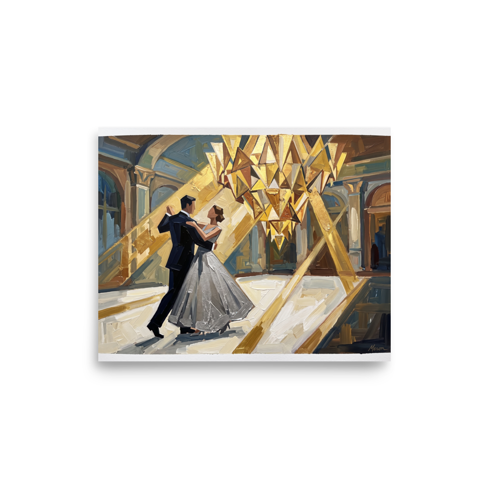 'The Midnight Waltz' — a Art Deco print. A couple in formal attire dancing under a grand geometric golden chandelier in a stunning Art Deco ballroom, ideal for a bedroom or living room.
