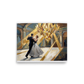 'The Midnight Waltz' — a Art Deco print. A couple in formal attire dancing under a grand geometric golden chandelier in a stunning Art Deco ballroom, ideal for a bedroom or living room.