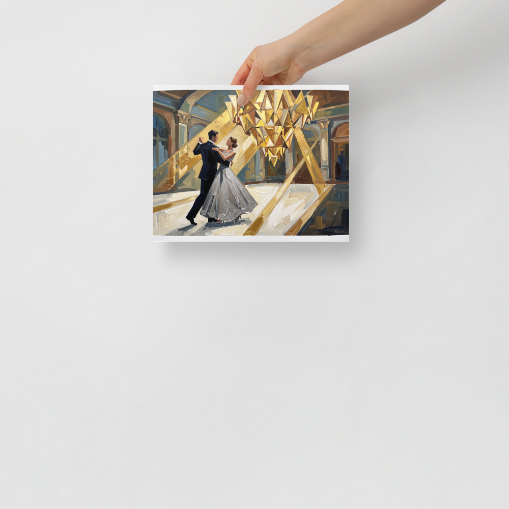 'The Midnight Waltz' — a Art Deco print. A couple in formal attire dancing under a grand geometric golden chandelier in a stunning Art Deco ballroom, ideal for a bedroom or living room.