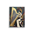 'The Golden Harpist' — a Art Deco print. A stylized Cubist Art Deco painting of an elegant woman playing a large golden harp, ideal for a living room.