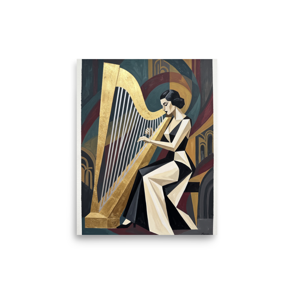 'The Golden Harpist' — a Art Deco print. A stylized Cubist Art Deco painting of an elegant woman playing a large golden harp, ideal for a living room.
