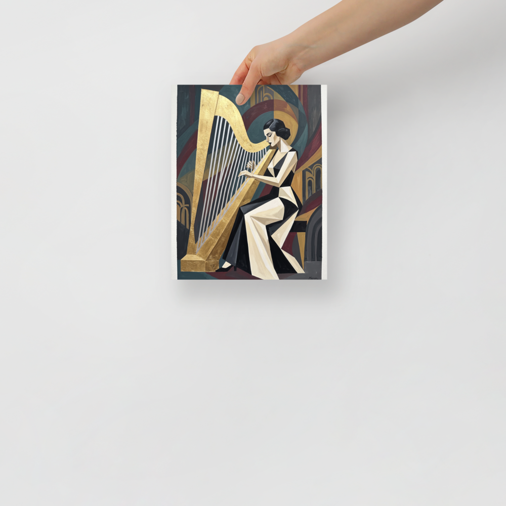'The Golden Harpist' — a Art Deco print. A stylized Cubist Art Deco painting of an elegant woman playing a large golden harp, ideal for a living room.
