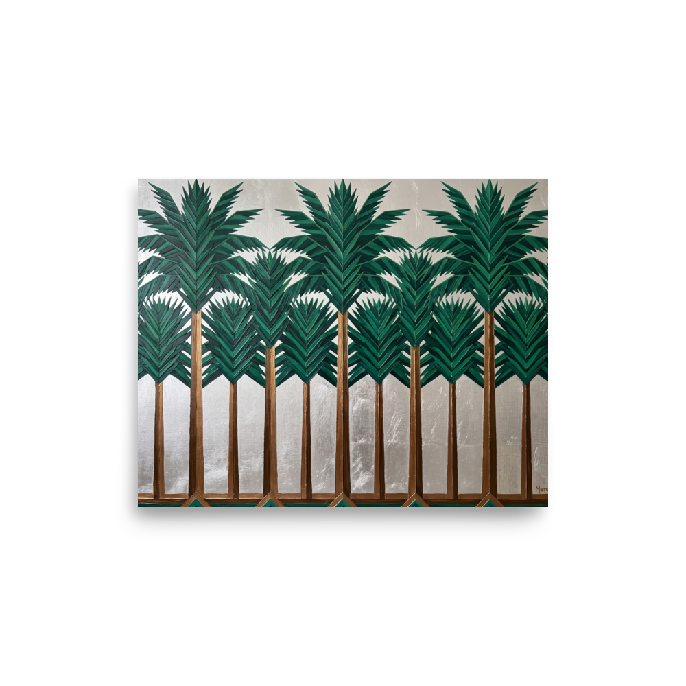'The Emerald Grove' — a Art Deco print. An Art Deco painting of geometric palm trees with gold trunks and dark green leaves against a shimmering silver background, great for a sunroom or hallway.