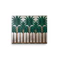 'The Emerald Grove' — a Art Deco print. An Art Deco painting of geometric palm trees with gold trunks and dark green leaves against a shimmering silver background, great for a sunroom or hallway.