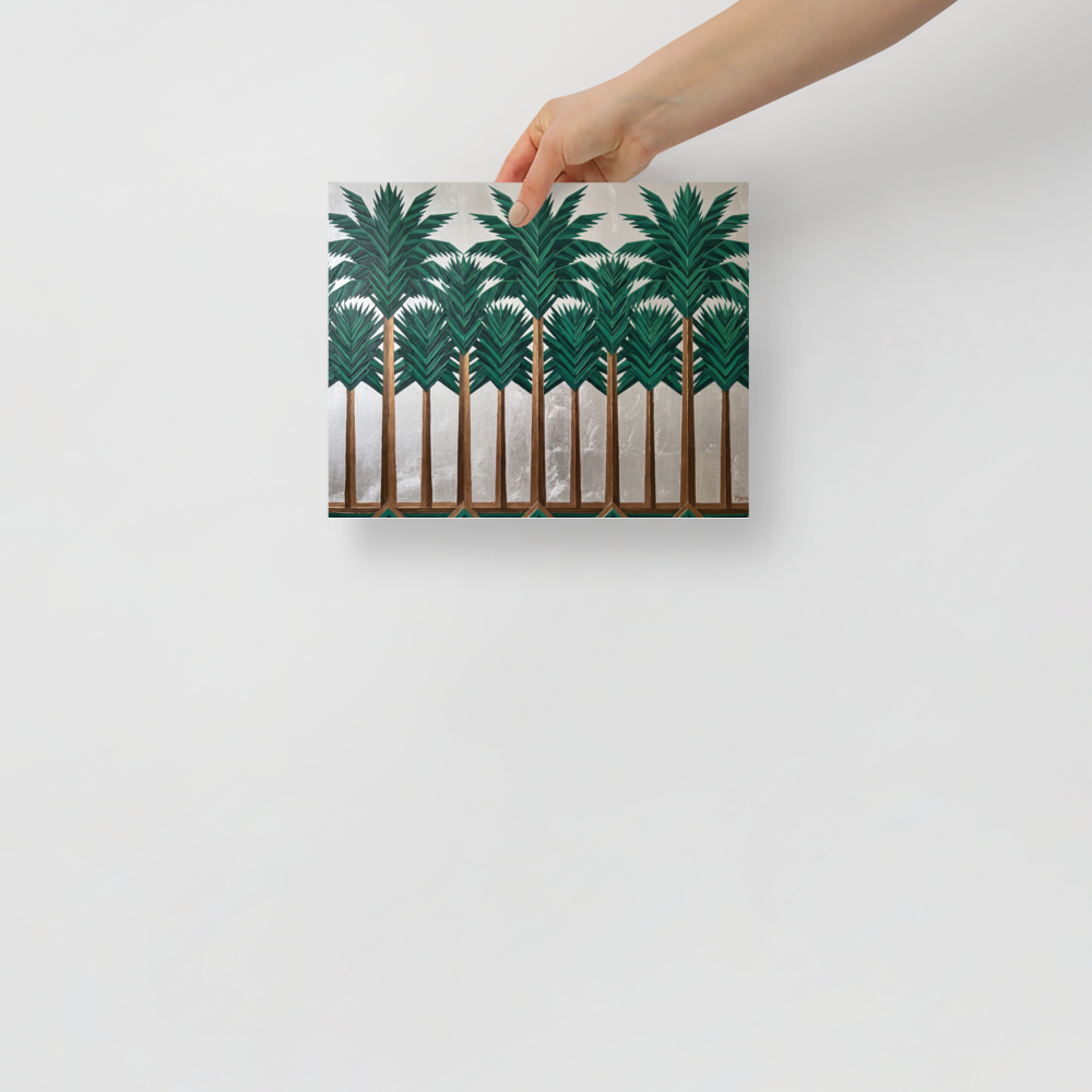'The Emerald Grove' — a Art Deco print. An Art Deco painting of geometric palm trees with gold trunks and dark green leaves against a shimmering silver background, great for a sunroom or hallway.