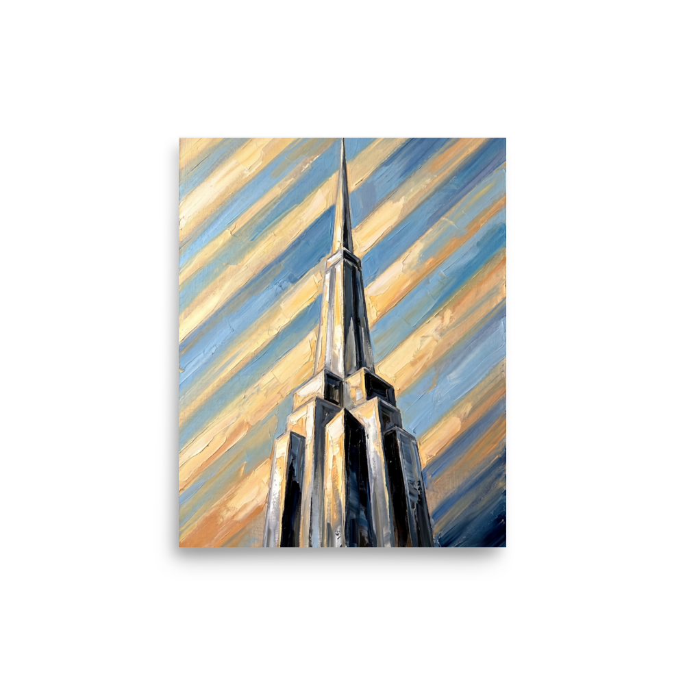 'The Metropolis Spire' — a Art Deco print. An oil painting of a towering Art Deco skyscraper piercing a dynamic, diagonal striped sky of blue and gold, great for an office or study.