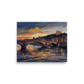 'Dusk Over Lyon' — a Impressionism print. An oil painting of a French city scene at sunset with a stone arched bridge over a glowing river, creating a peaceful atmosphere perfect for a living room or bedroom.