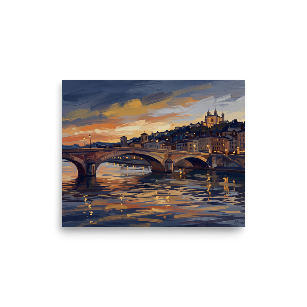 'Dusk Over Lyon' — a Impressionism print. An oil painting of a French city scene at sunset with a stone arched bridge over a glowing river, creating a peaceful atmosphere perfect for a living room or bedroom.