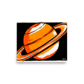 'Orange Orbit' — a Pop art print. A bold pop art illustration of an orange and white ringed planet against a black background, perfect for a modern office.