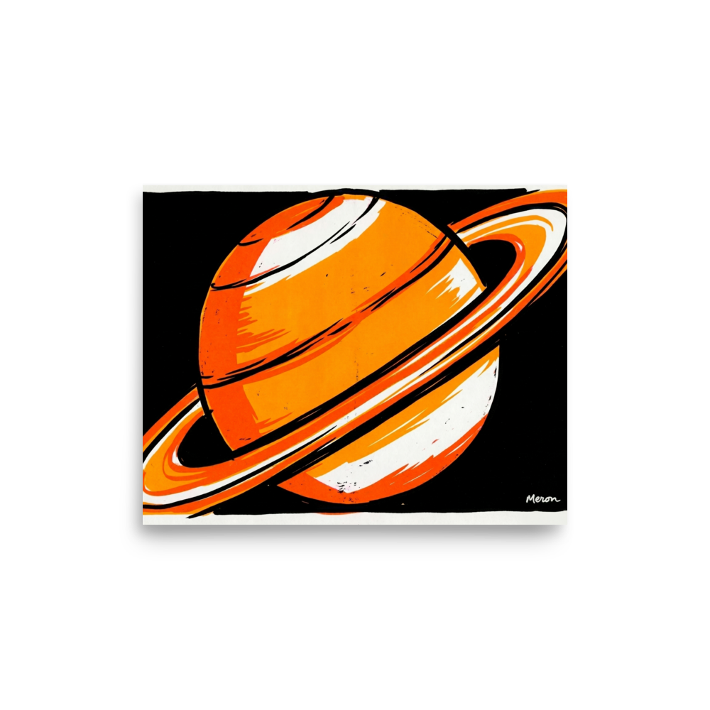 'Orange Orbit' — a Pop art print. A bold pop art illustration of an orange and white ringed planet against a black background, perfect for a modern office.