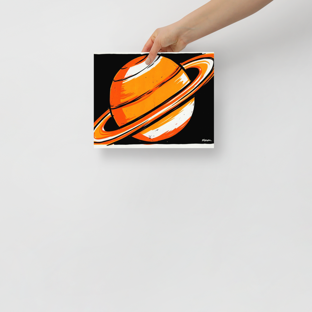 'Orange Orbit' — a Pop art print. A bold pop art illustration of an orange and white ringed planet against a black background, perfect for a modern office.