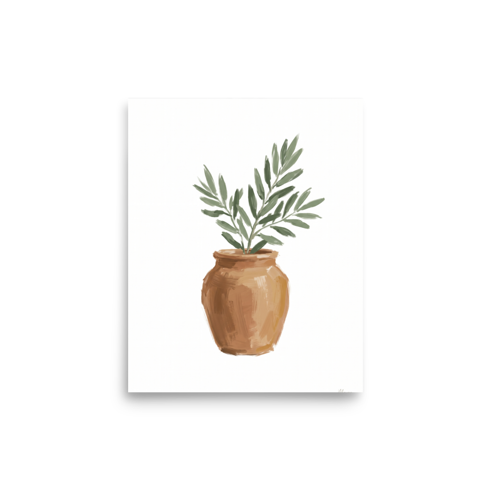 'Olive in Terracotta' — a Minimalism,Modernism print. A minimalist botanical painting of green olive branches in a warm terracotta pot against a white background, perfect for a sunny kitchen or entryway.