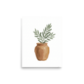 'Olive in Terracotta' — a Minimalism,Modernism print. A minimalist botanical painting of green olive branches in a warm terracotta pot against a white background, perfect for a sunny kitchen or entryway.