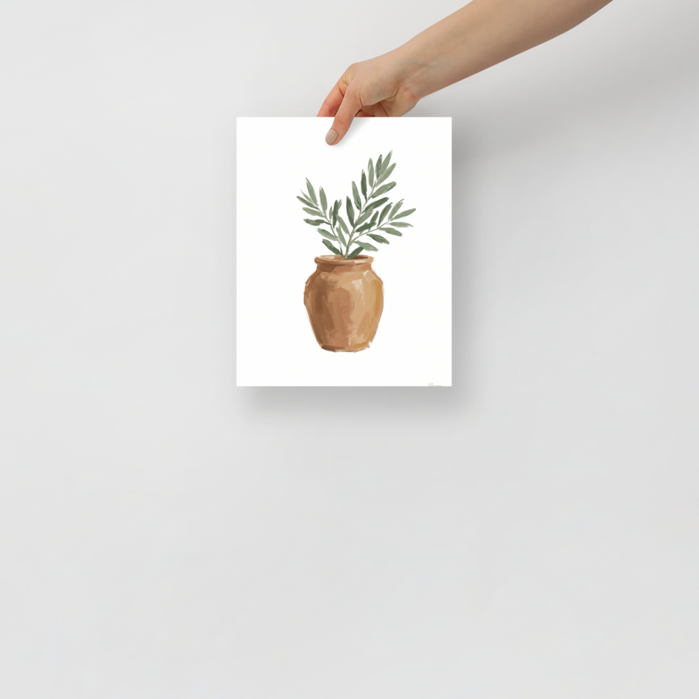'Olive in Terracotta' — a Minimalism,Modernism print. A minimalist botanical painting of green olive branches in a warm terracotta pot against a white background, perfect for a sunny kitchen or entryway.