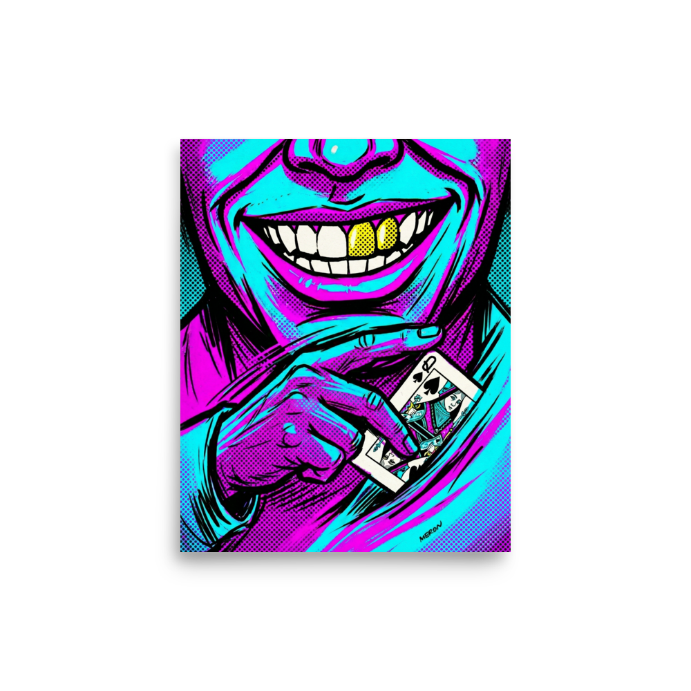 'Queen of Spades' — a Pop art print. A vibrant pop art illustration of a grinning person with gold teeth holding a Queen of Spades playing card, styled with cyan and magenta halftone dots, ideal for a game room.