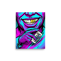 'Queen of Spades' — a Pop art print. A vibrant pop art illustration of a grinning person with gold teeth holding a Queen of Spades playing card, styled with cyan and magenta halftone dots, ideal for a game room.