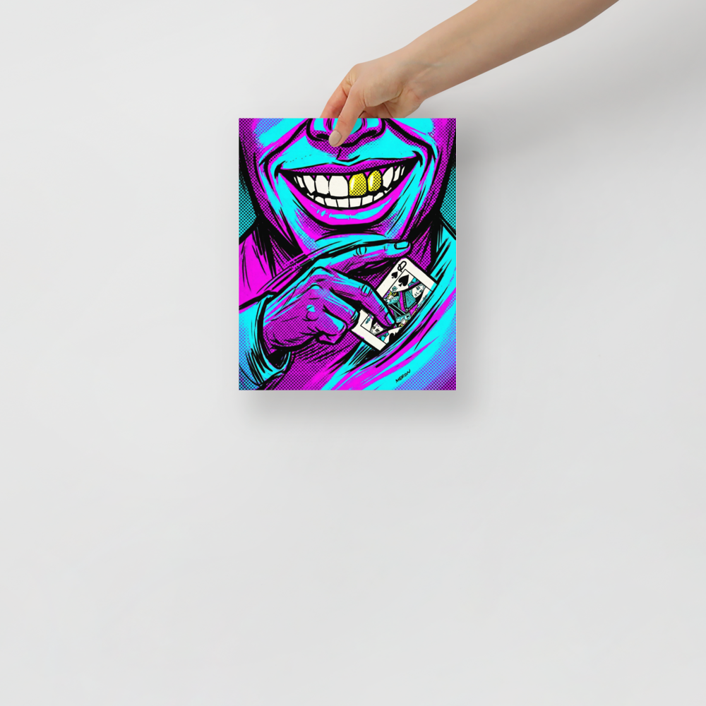 'Queen of Spades' — a Pop art print. A vibrant pop art illustration of a grinning person with gold teeth holding a Queen of Spades playing card, styled with cyan and magenta halftone dots, ideal for a game room.