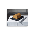 'The Morning Loaf' — a Art Deco print. A minimalist Art Deco oil painting of a golden loaf of bread and a silver knife on a crisp white table, perfect for a modern kitchen.