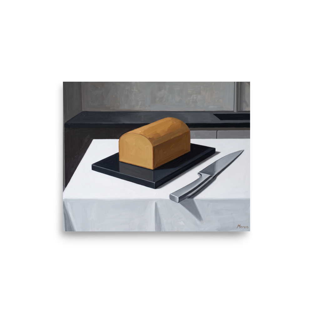 'The Morning Loaf' — a Art Deco print. A minimalist Art Deco oil painting of a golden loaf of bread and a silver knife on a crisp white table, perfect for a modern kitchen.
