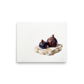 'Ripe Figs on Cream' — a Realism,Modernism print. An impasto oil painting of two rich purple figs resting on a creamy slice against a white background, adding a touch of elegance to a dining room or kitchen.