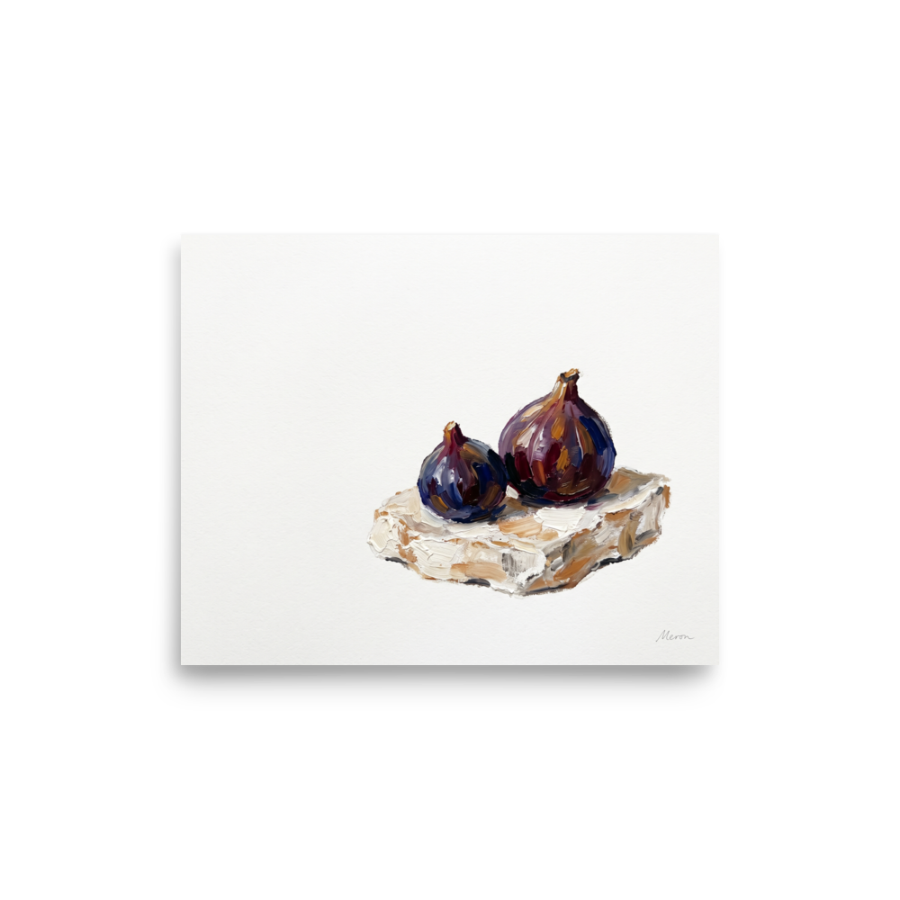 'Ripe Figs on Cream' — a Realism,Modernism print. An impasto oil painting of two rich purple figs resting on a creamy slice against a white background, adding a touch of elegance to a dining room or kitchen.