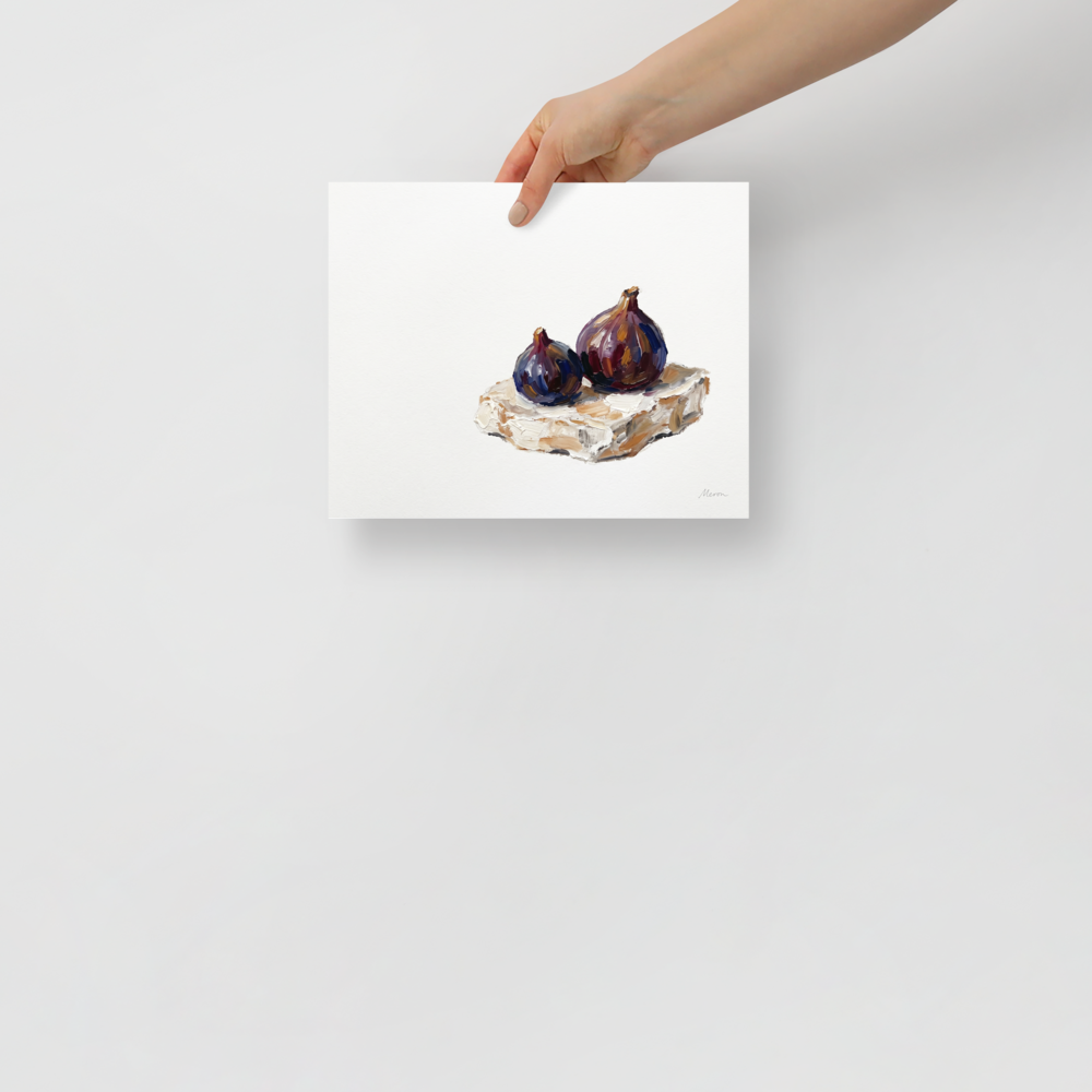 'Ripe Figs on Cream' — a Realism,Modernism print. An impasto oil painting of two rich purple figs resting on a creamy slice against a white background, adding a touch of elegance to a dining room or kitchen.
