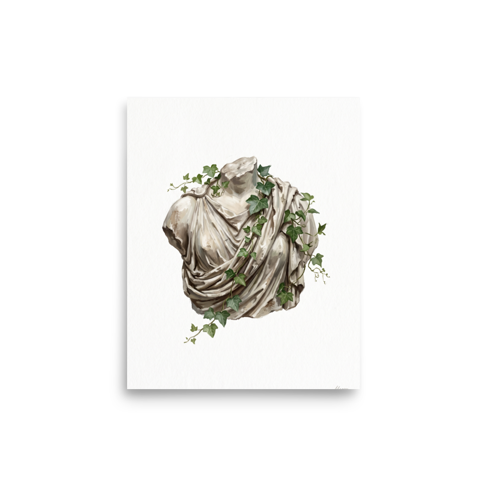 'Ivy Entwined Torso' — a Neoclassicism,Realism print. An oil painting of a classical Greek or Roman marble bust draped in robes and entwined with green ivy against a white background, ideal for a living room or office.