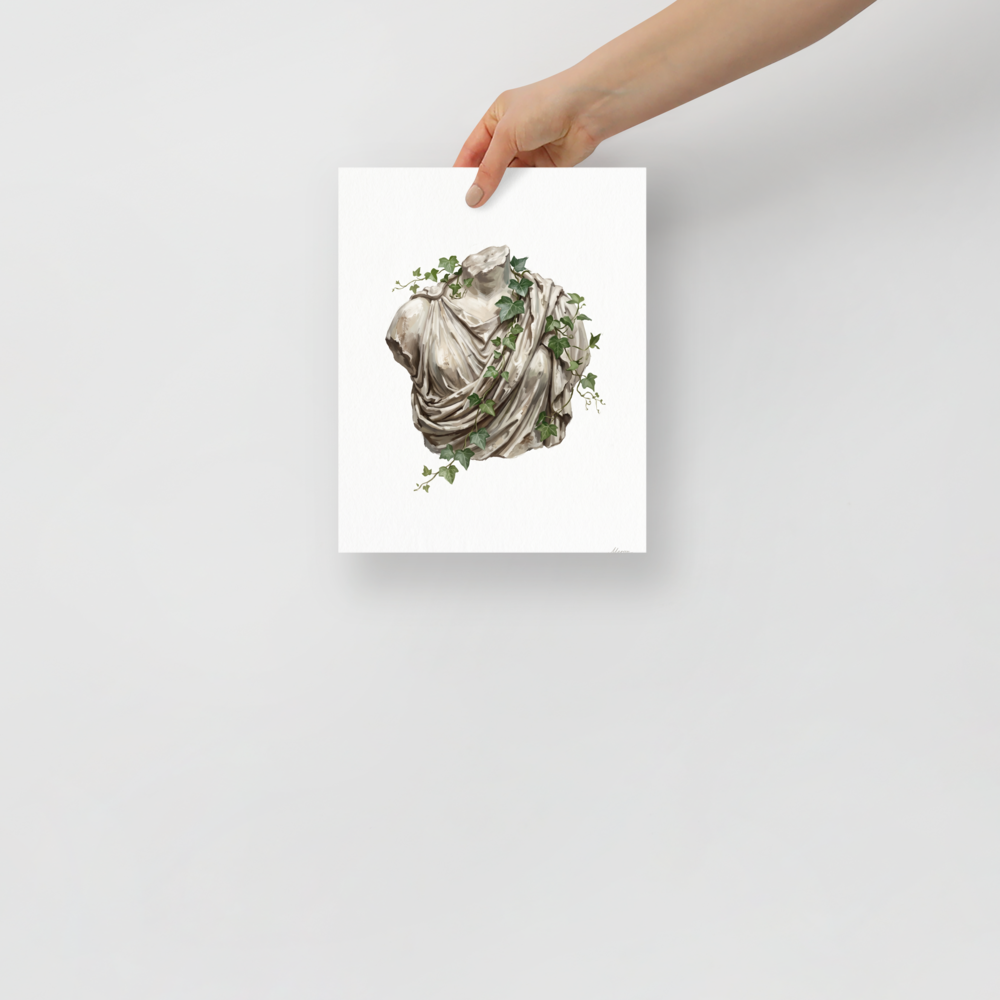 'Ivy Entwined Torso' — a Neoclassicism,Realism print. An oil painting of a classical Greek or Roman marble bust draped in robes and entwined with green ivy against a white background, ideal for a living room or office.