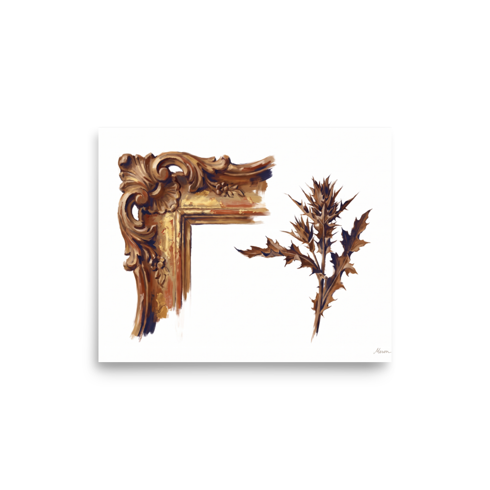 'Gilded Frame and Thistle' — a Baroque,Realism print. An oil painting of an ornate golden picture frame corner beside a rustic brown thistle leaf against a white background, perfect for a vintage-inspired living room.