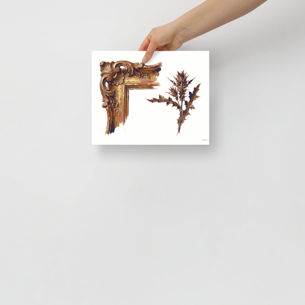 'Gilded Frame and Thistle' — a Baroque,Realism print. An oil painting of an ornate golden picture frame corner beside a rustic brown thistle leaf against a white background, perfect for a vintage-inspired living room.