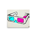 'Retro Vision' — a Pop art print. A sketchy pop art drawing of vintage 3D glasses with one cyan and one magenta lens against a white background, perfect for a home theater.