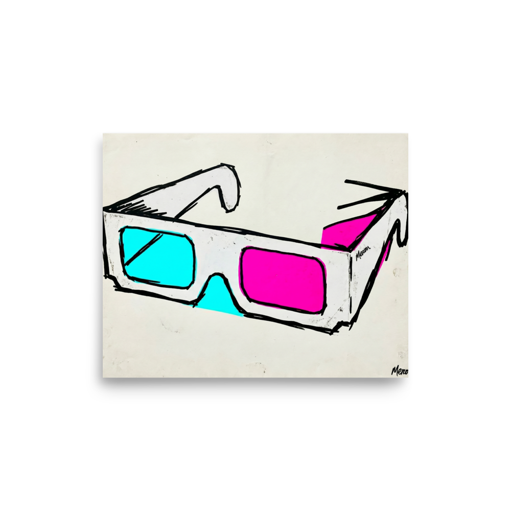 'Retro Vision' — a Pop art print. A sketchy pop art drawing of vintage 3D glasses with one cyan and one magenta lens against a white background, perfect for a home theater.