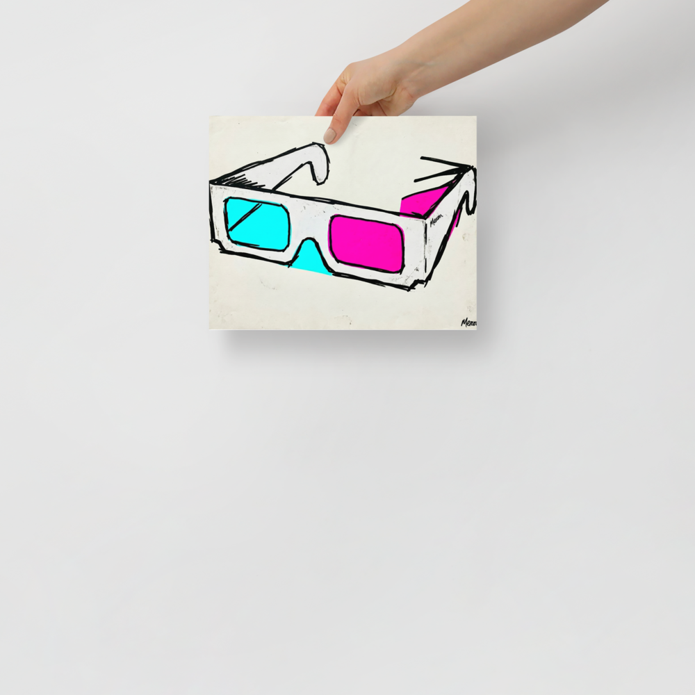 'Retro Vision' — a Pop art print. A sketchy pop art drawing of vintage 3D glasses with one cyan and one magenta lens against a white background, perfect for a home theater.