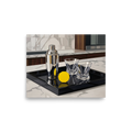 'The Evening Cocktail' — a Art Deco print. An Art Deco oil painting of a silver cocktail shaker, crystal glasses, and a geometric yellow lemon on a black tray, perfect for a home bar.