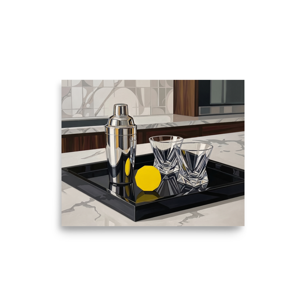 'The Evening Cocktail' — a Art Deco print. An Art Deco oil painting of a silver cocktail shaker, crystal glasses, and a geometric yellow lemon on a black tray, perfect for a home bar.