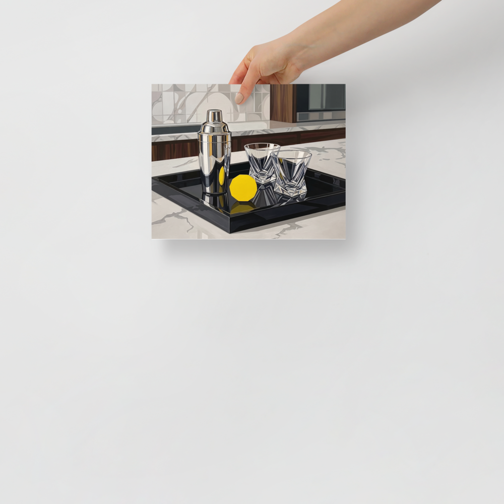 'The Evening Cocktail' — a Art Deco print. An Art Deco oil painting of a silver cocktail shaker, crystal glasses, and a geometric yellow lemon on a black tray, perfect for a home bar.