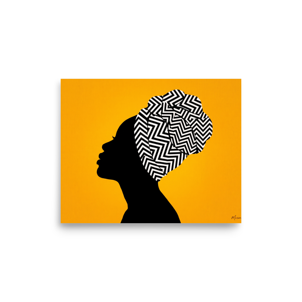 'Geometric Crown' — a Afrofuturism,Pop art print. A digital art portrait of a woman's profile silhouette wearing a graphic black and white geometric headwrap against a vibrant yellow background, adding a bold touch to a living room.