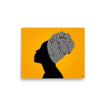 'Geometric Crown' — a Afrofuturism,Pop art print. A digital art portrait of a woman's profile silhouette wearing a graphic black and white geometric headwrap against a vibrant yellow background, adding a bold touch to a living room.