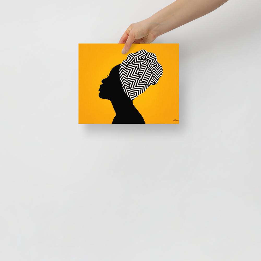 'Geometric Crown' — a Afrofuturism,Pop art print. A digital art portrait of a woman's profile silhouette wearing a graphic black and white geometric headwrap against a vibrant yellow background, adding a bold touch to a living room.