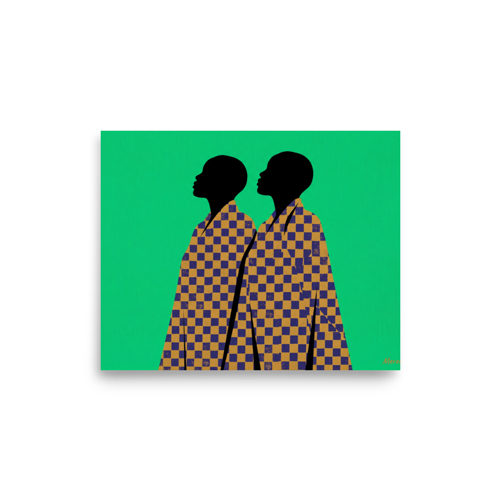 'Checkered Solidarity' — a Afrofuturism,Pop art print. A vibrant graphic art print featuring two African profile silhouettes draped in blue and gold checkered robes against an emerald green background, perfect for a living room or entryway.