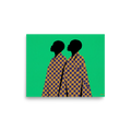 'Checkered Solidarity' — a Afrofuturism,Pop art print. A vibrant graphic art print featuring two African profile silhouettes draped in blue and gold checkered robes against an emerald green background, perfect for a living room or entryway.