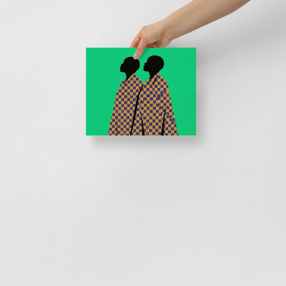 'Checkered Solidarity' — a Afrofuturism,Pop art print. A vibrant graphic art print featuring two African profile silhouettes draped in blue and gold checkered robes against an emerald green background, perfect for a living room or entryway.