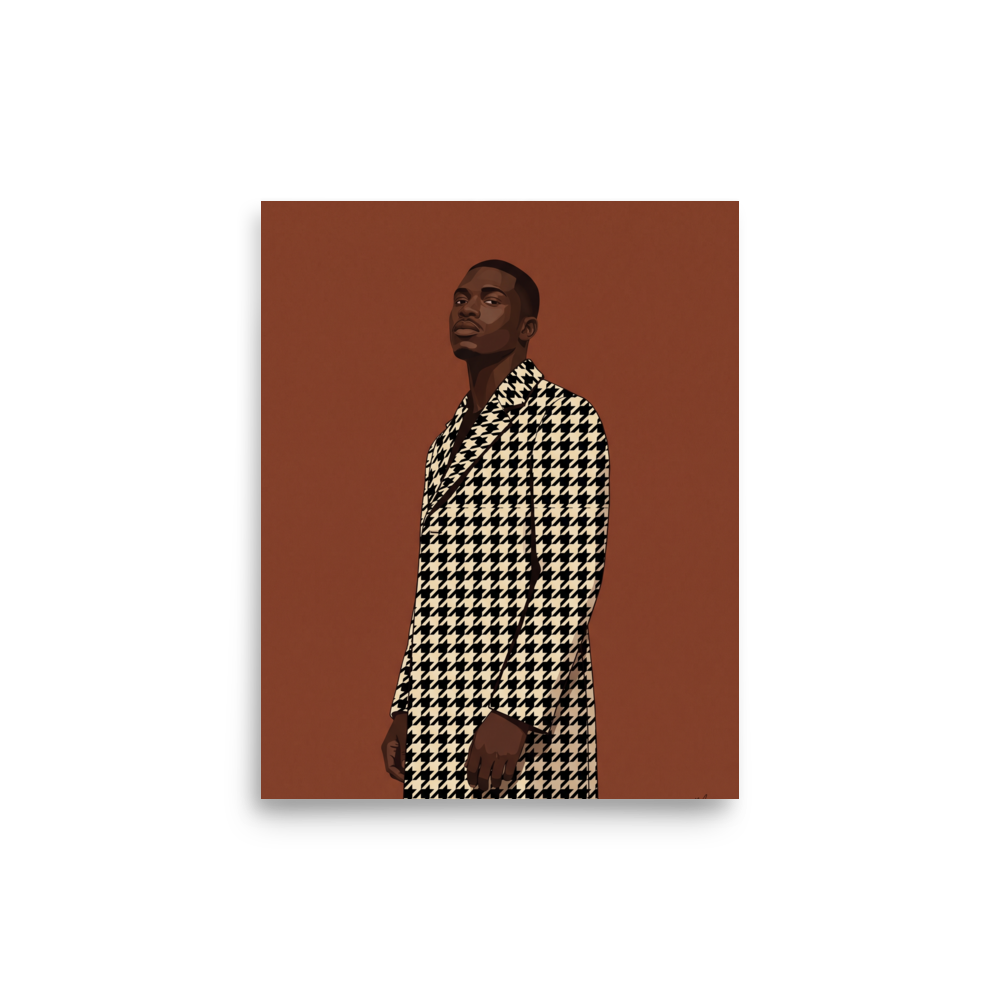 'Houndstooth Elegance' — a Figurative art,Realism print. A digital art fashion portrait of a stylish Black man wearing a black and cream houndstooth coat against a warm brown background, adding modern flair to an office or living room.