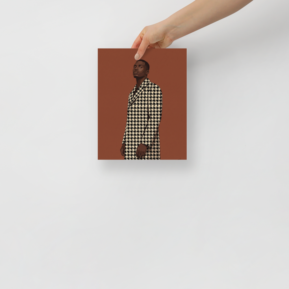 'Houndstooth Elegance' — a Figurative art,Realism print. A digital art fashion portrait of a stylish Black man wearing a black and cream houndstooth coat against a warm brown background, adding modern flair to an office or living room.