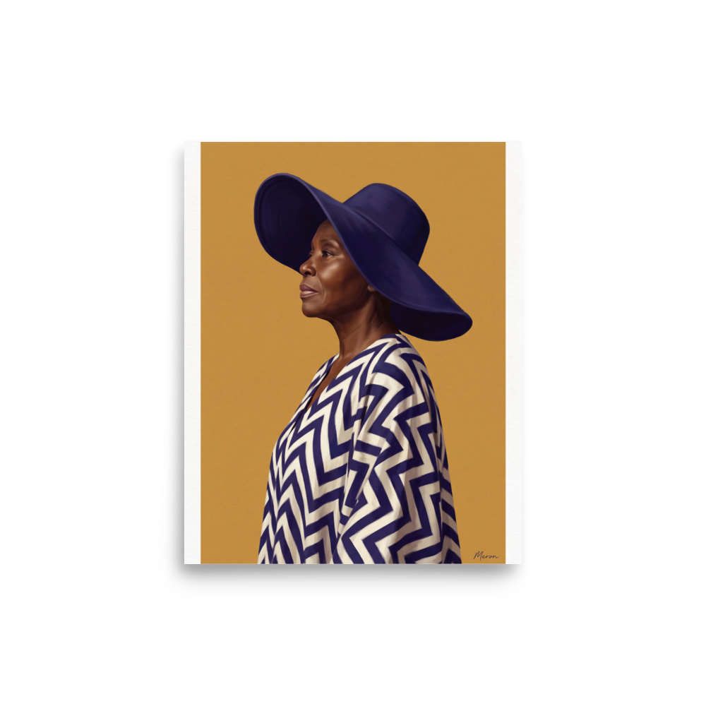 'Grace in Indigo' — a Realism,Figurative art print. An oil painting portrait of an elder African woman wearing a wide indigo hat and chevron robe against a yellow background, ideal for a peaceful bedroom or living room.
