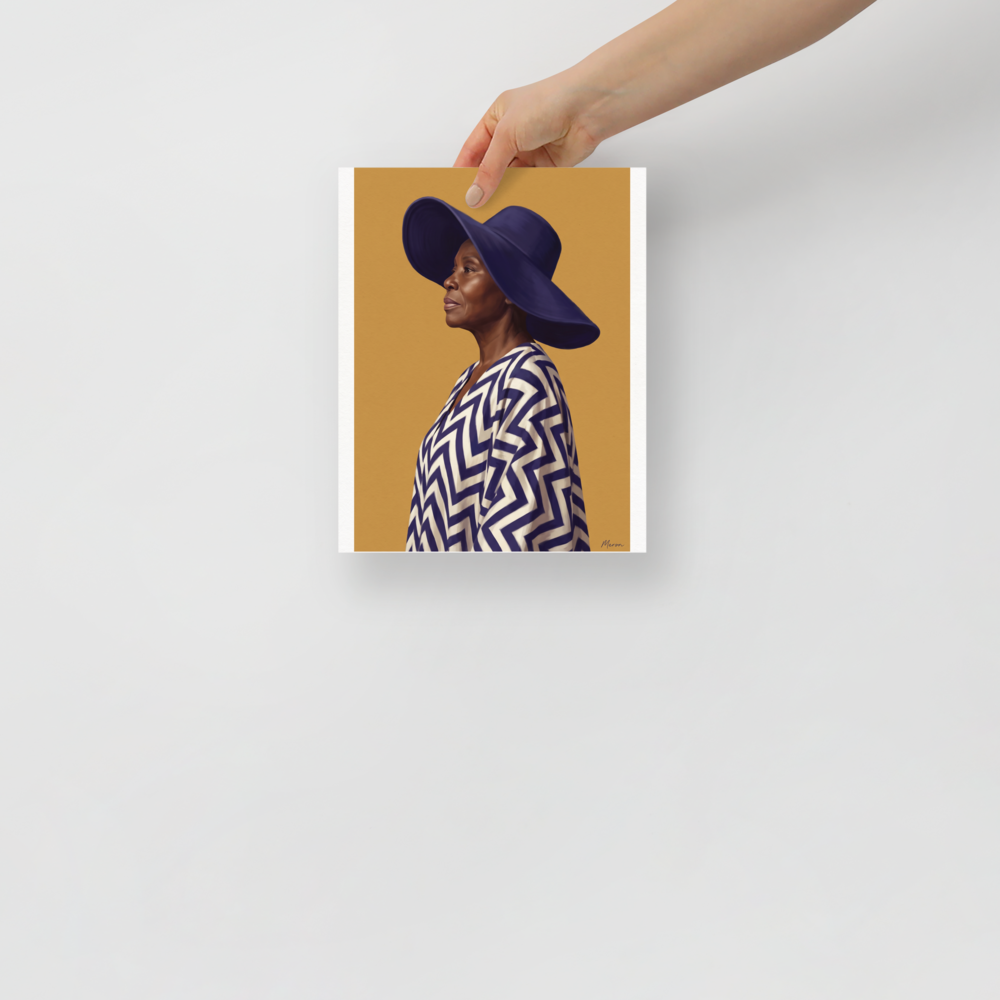 'Grace in Indigo' — a Realism,Figurative art print. An oil painting portrait of an elder African woman wearing a wide indigo hat and chevron robe against a yellow background, ideal for a peaceful bedroom or living room.