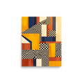 'Checkerboard Resonance' — a Geometric abstract art,Op Art print. Bold abstract geometric composition featuring yellow and navy blocks mixed with black and white checkerboard and wavy patterns, perfect for modern Living Room wall art.