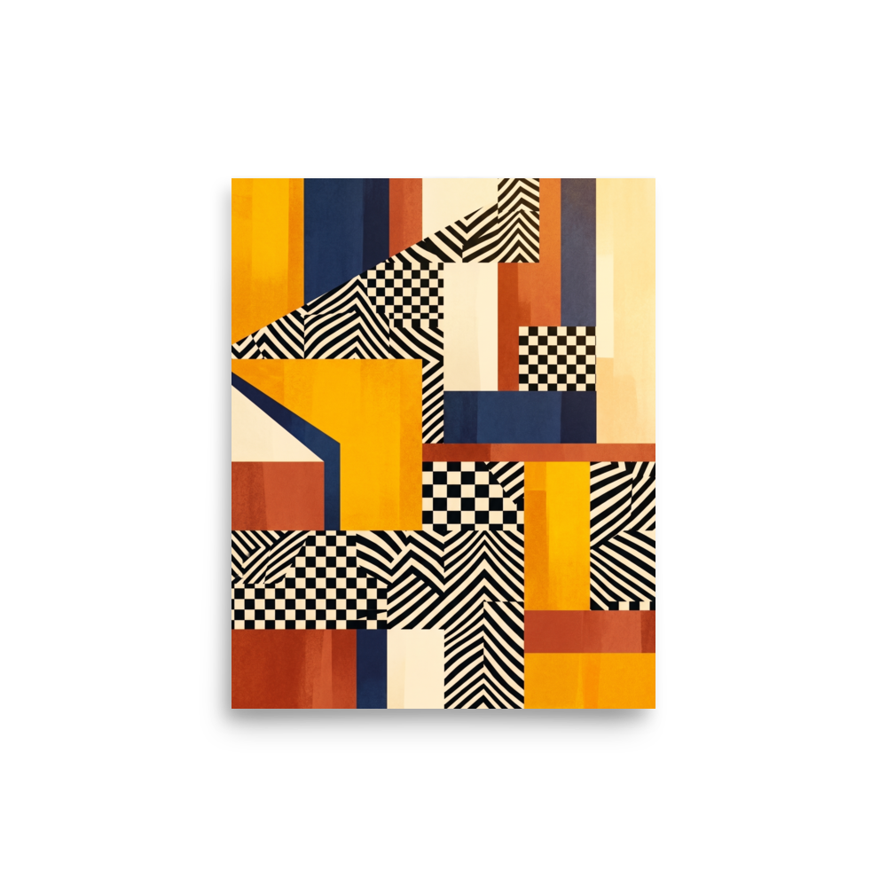 'Checkerboard Resonance' — a Geometric abstract art,Op Art print. Bold abstract geometric composition featuring yellow and navy blocks mixed with black and white checkerboard and wavy patterns, perfect for modern Living Room wall art.